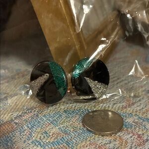 Vintage Black and Green Glitter Earrings
